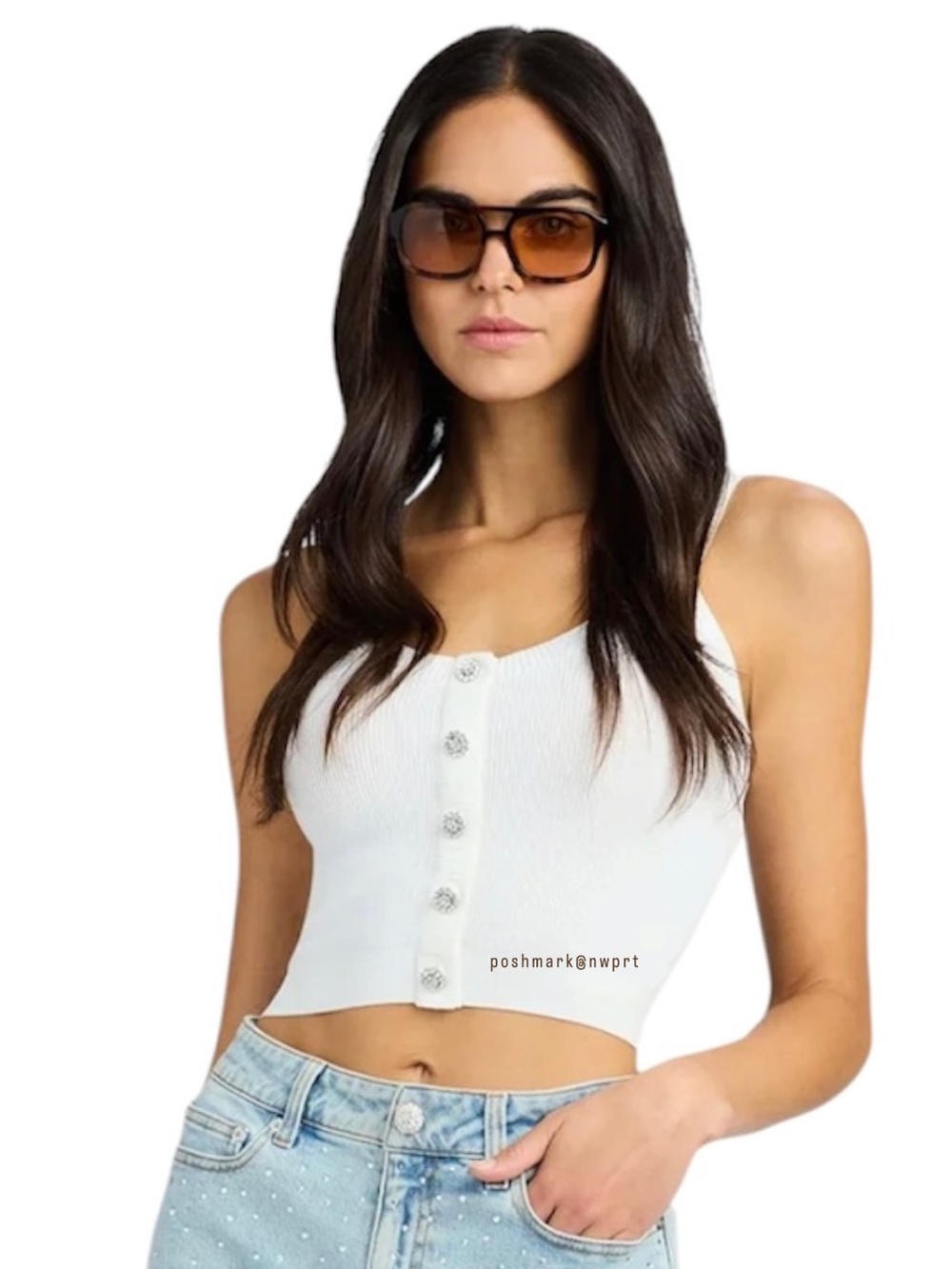 Generation Love Xenia Ribbed Tank Top Rib Sweater White Rhinestone Jewel XS